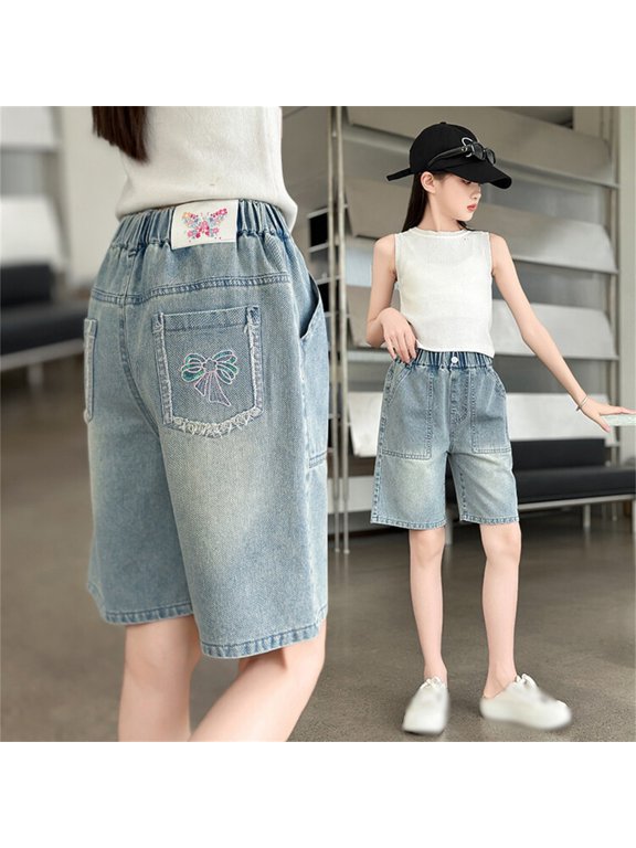 Girls Bermuda Denim Shorts Bowknot Embroidery Jorts Kids Summer Wide Leg Jean Elastic Waist Short Pants with Pockets Z02 Light Blue, 5-6 Years