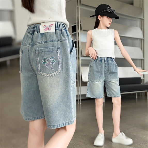 Gelikeya Girls Bermuda Denim Shorts Bowknot Embroidery Jorts Kids Summer Wide Leg Jean Elastic Waist Short Pants with Pockets Z02 Light Blue, 7-8 Years