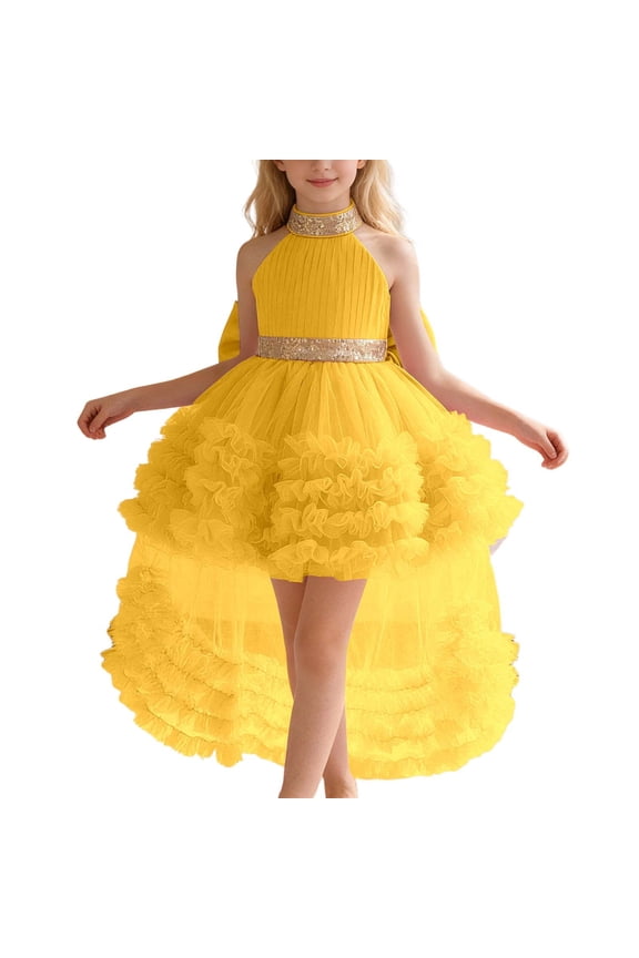 Girls Birthday Dress Train Mesh Tiered Cake Skirt Pageant Gown Fashion Show Piano Recital Performance Formal Party Outfits Yellow & 3-6 Months