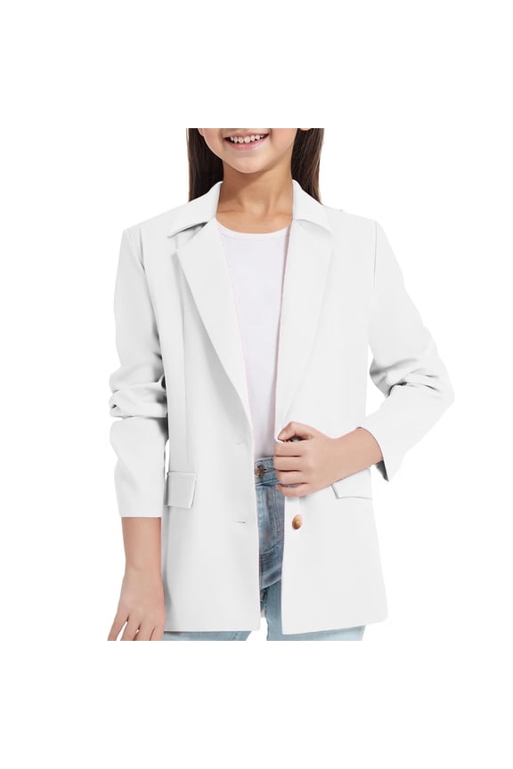 Girls Blazers Jacket Long Sleeve Notched Collar/Lapel Collar with Inner Pocket Open Front Casual Kids Blazers Suit (White, 7-8 Years)