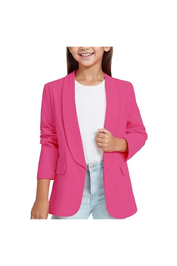 Girls Blazers Long Sleeve Shawl Collar Formal Blazers Suit Jacket Open Front Inner Pocket for Kids Size 3-14 Years (Hot Pink, 11-12 Years)