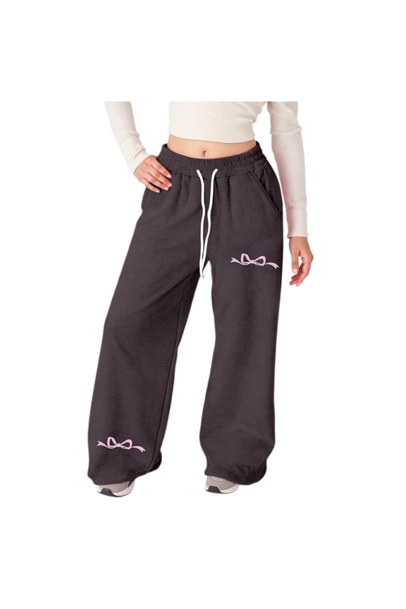Girls Bowknot Baggy Sweatpants Elastic Waist Drawstring Sweat Pants Cute Bowknot Preppy Clothes Teen Girl's Fashion, Brown & 12-13 Years