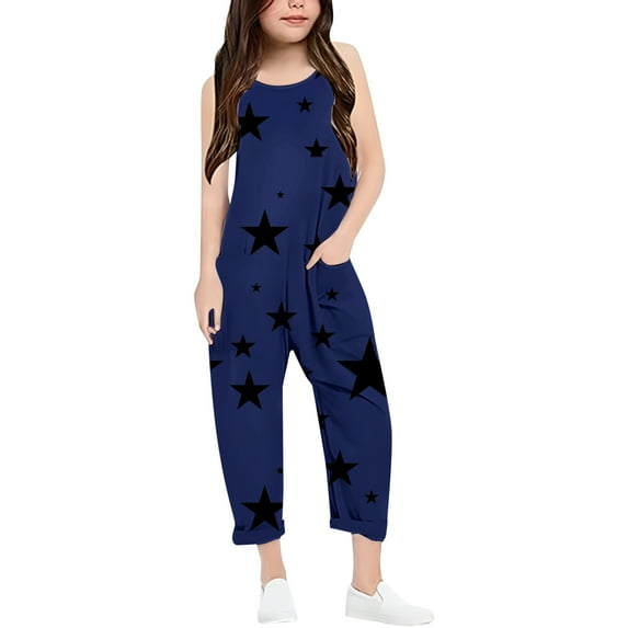 Gelikeya Girls Casual Jumpsuits Size 5-6 Years Kid Girl Summer Casual Overalls Spaghetti Strap Summer Rompers Long Pants with Pockets (Toddlers, Navy)