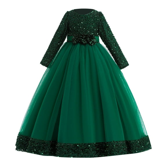 Gelikeya Girls Christmas Dresses Size 12-13 Elegant Formal Birthday Christmas Party Dresses Long Sleeve Fashion Cute Printed Tutu Dress (X02 Green, 12-13 Years)