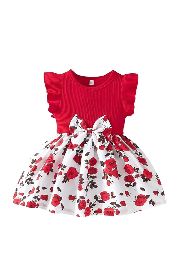 Girls Easter Dresses 18-24 Months Summer Western Style Bowknot Design Flutter Sleeve Small Floral Princess Style Casual Spring Dress(Toddlers, Z01-Red, 12-18 Months)