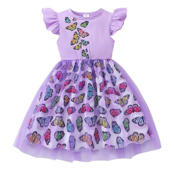 Gelikeya Girls Easter Dresses 5T Summer Western Style Bowknot Design Flutter Sleeve Small Floral Princess Style Casual Spring Dress(Toddlers, Z03-Purple, 3-4 Years)