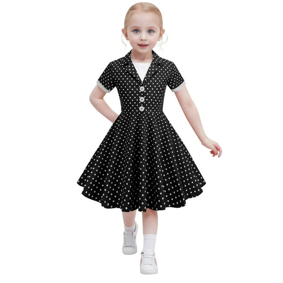 Gelikeya Girls Easter Dresses Size 10 Party Short Sleeve Gown Dress Kid Dots Prints Floral Children Girl Clothes Spring Summer Dresses(Toddlers, Z04-Black, 7-8 Years)