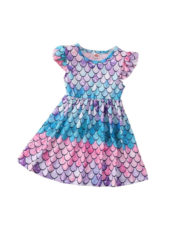 Girls Easter Dresses Size 6 Summer Mermaiden Print Design Flutter Sleeve Small Floral Princess Style Casual Spring Dress(Toddlers, Z12-Purple, 5-6 Years)