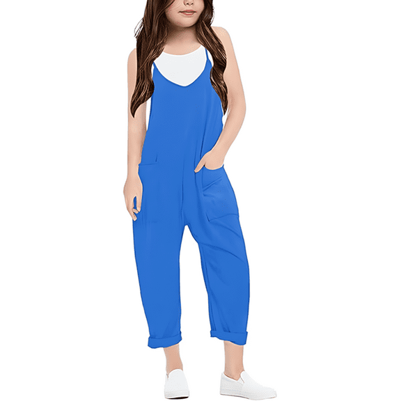 Gelikeya Girls' Fashion Casual V Suspender Romper Size 7-8 Years Solid Color Comfy Soft Jumpsuit Loose Fit Casual Overalls Romper Long Pants with Pockets (Kids, Blue)