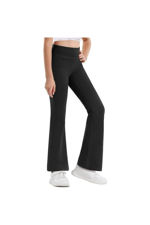 Girls Flare Leggings High Waisted Yoga Pants Bootcut Dance Casual Pants Activewear Kids Bell Bottoms School Wear, Black & 7-8 Years