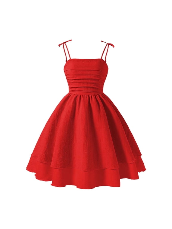Girls Flowy Ruffled Hem Dress Ruched Summer Adjustable Spaghetti Strap Casual Solid Color Mini Dresses(Tweens, Red, 11-12 Years)
