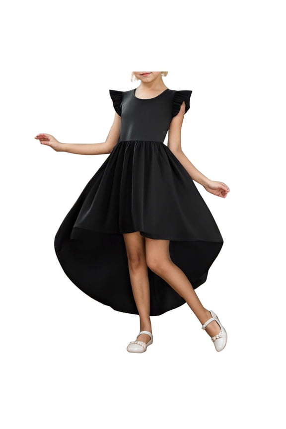 Girls Formal Dress Size 14-16 Solid Color Flutter Short Sleeve Petite Summer Casual Dresses for Wedding Party(Tweens, Black, 14-15 Years)