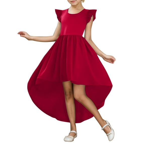 Gelikeya Girls Formal Dress Size 14-16 Solid Color Flutter Short Sleeve Petite Summer Casual Dresses for Wedding Party(Tweens, Red, 10-12 Years)