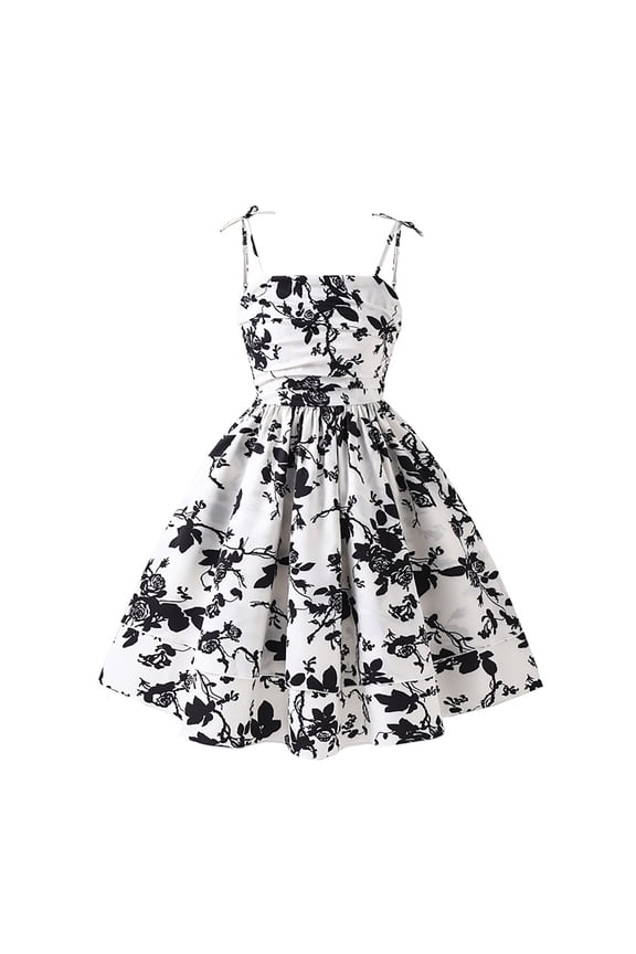 Girls Formal Dresses A-line Spaghetti Straps Summer Outfits Elegant Festive Dress Casual Floral Dress Sleeveless Party Flowy Dress for 8-14 Years A01 Black, 12-13 Years