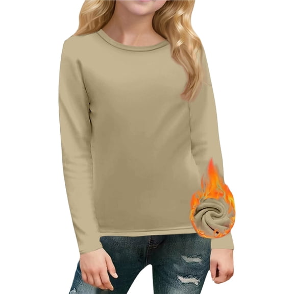 Gelikeya Girls Long Sleeve Shirts Soft Kids Crewneck T-Shirts 2026 Trendy Spring Fall Cute Toddlers Tops Basic Tees Khaki 6-7 Years