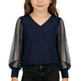thumbnail image 1 of Gelikeya Girls Mesh Puff Long Sleeve Shirts 2026 Spring Fall V Neck Ribbed Knit Back to School Tops Casual Work Blouse Navy 9-10 Years, 1 of 5