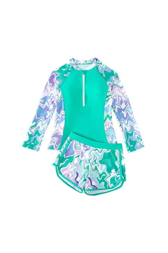 Girls Rash Guard Sets Size 9-10 Fashion Floral Print 2 Piece Swimsuits Long Sleeve Swimwear Bathing Suit Protection for Swimming Poor (Child, R03 Mint Green, 9-10 Years)