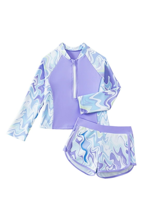 Girls Rash Guard Sets Size 9-10 Fashion Floral Print 2 Piece Swimsuits Long Sleeve Swimwear Bathing Suit Protection for Swimming Poor (Child, R03 Purple, 9-10 Years)
