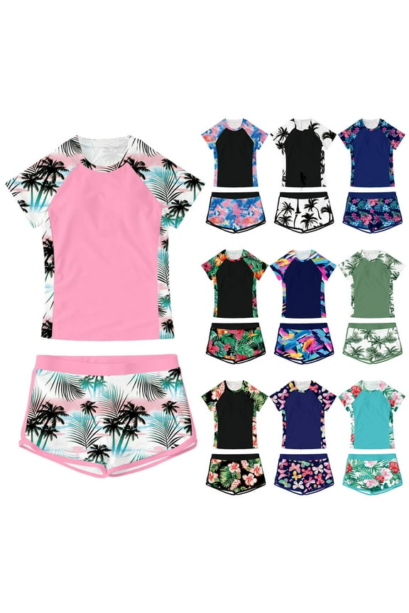 Girls Rash Guard Swimsuit 2-Piece Bathing Suit UPF 50+ Summer Beach Swimwear Size 7-14T (Teens, Pink, 13-14 Years)