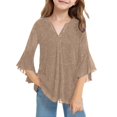 thumbnail image 1 of Gelikeya Girls Ruffle 3/4 Sleeve Tops Dressy Casual Blouses V Neck Shirts Fashion Mesh Tunic Tops Work Party Shirt Outfit X01 Khaki 7-8 Years, 1 of 4