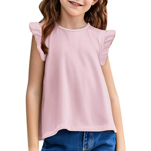 Gelikeya Girls Ruffle Sleeve Shirts Summer Crewneck Eyelet Tee Tops Casual Cute Blouse 2-9 Years Pink