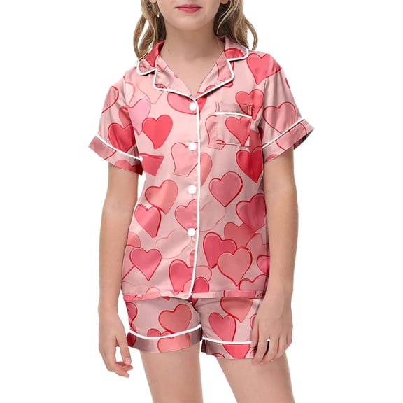 Gelikeya Girls Satin Pajama Set Cute Heart Print Button Down Pyjama Lapel Collared Back To School Outfit Girl's Fashion