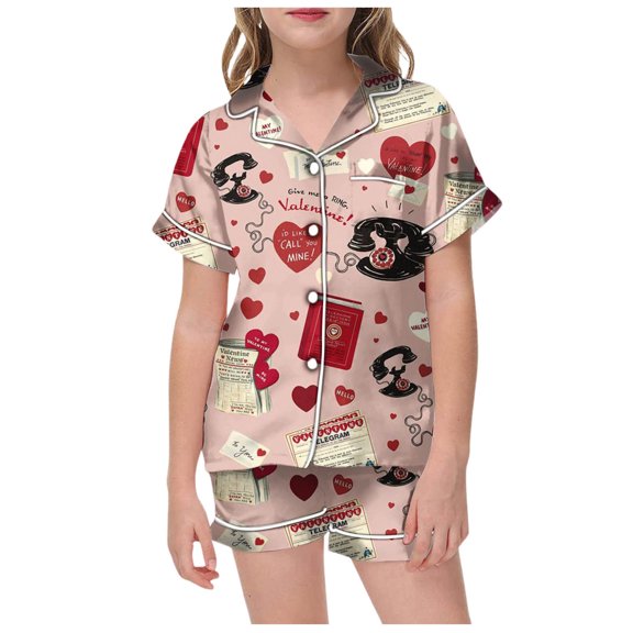 Gelikeya Girls Satin Pajama Set Cute Heart Print Lightweight Short Sleeved Pyjama Casual Cozy 2 Piece Outfit Sets Girl's Fashion