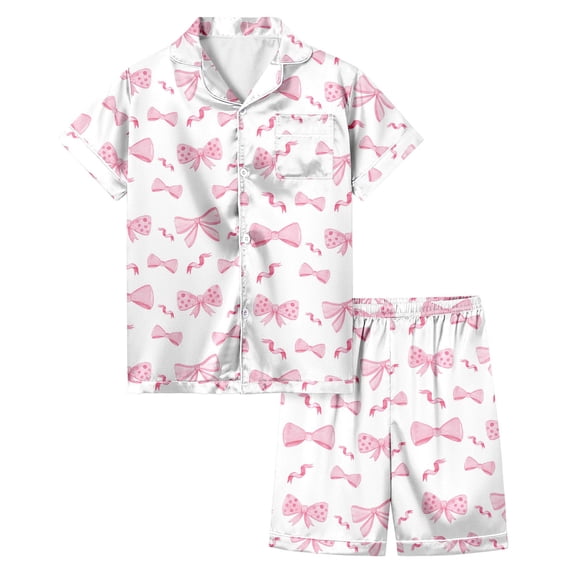Gelikeya Girls Satin Pajama Set Cute Heart Print Short Sleeved Jammies Casual Cozy 2 Piece Outfit Sets Girl's Fashion