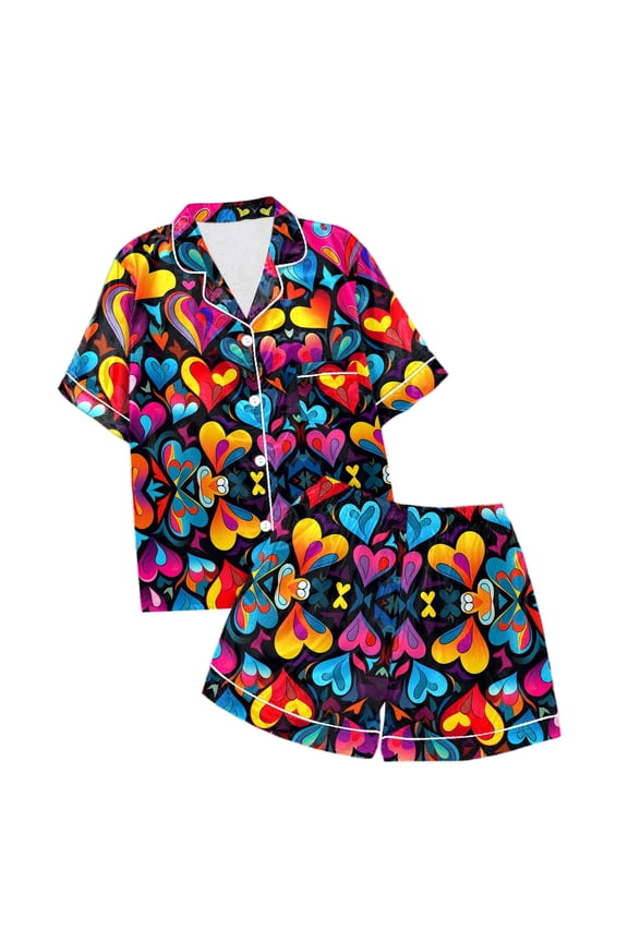 Girls Satin Pajama Set Cute Heart Print Short Sleeved Pyjama Soft Comfortable Back To School Outfit Girl's Fashion