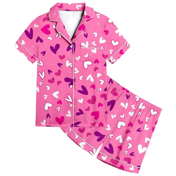 Gelikeya Girls Satin Pajama Set Valentines Button Down Pyjama Spring Summer Loungewear Outfits Girl's Fashion