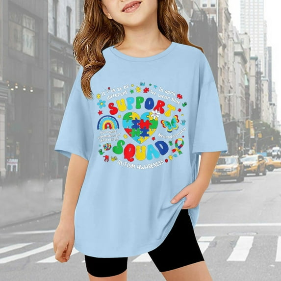 Gelikeya Girls Shirts Size 5-6 Autism Awareness Shirt Letter Print Short Sleeve Tee Tops Casual Crewneck Soft and Comfortable Summer Clothes (Toddlers, Sky Blue)