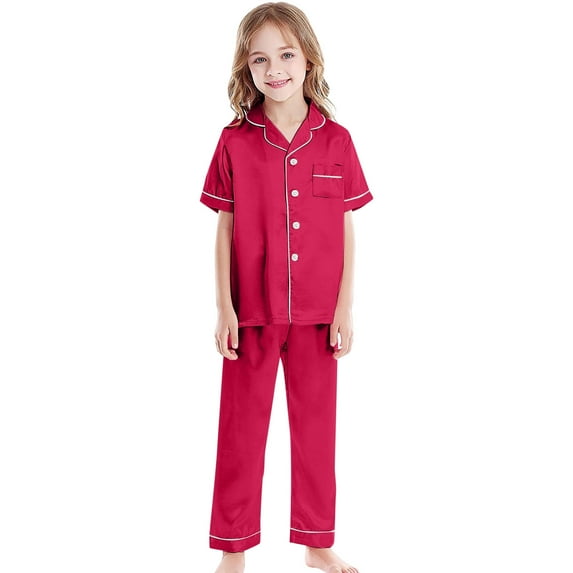 Gelikeya Girls Silk Pajama Set Short Sleeve Button Down Top and Long Pants 2 Piece Solid Color Homewear Outfits Red 4-5 Years