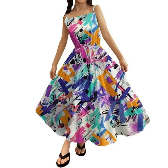Gelikeya Girls Summer Casual Dress Flowy Swing Tunic Fashion Print Spaghetti Straps Sun Dress Teen Girl Dresses Beach Outfits(Tweens, X11-Multicolour, 6-7 Years)