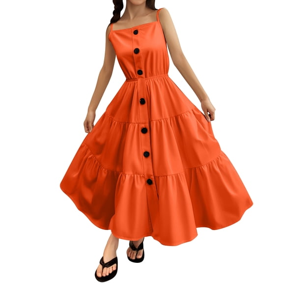 Gelikeya Girls Summer Casual Dress Flowy Swing Tunic Solid Color Spaghetti Straps Sun Dress Teen Girl Dresses Beach Outfits(Tweens, Orange, 13-14 Years)
