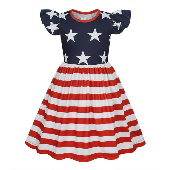 Gelikeya Girls Summer Dresses 4th of July Baby Girl Outfits Independence Day Flutter Sleeve Casual Dresses(Kids, A-Red02, 7-8 Years)