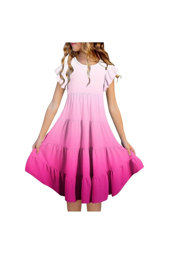 Girls Summer Dresses Size 6-7 Double Layer Flutter Sleeve Flowy A-Line Sundress Casual Gradient Midi Dresses for 6-15 Years A07-Hot Pink