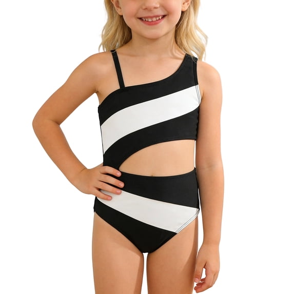 Gelikeya Girls Swimsuit 1 Piece Bathing Suits Beach Swimwear for 7-12 Years One Shoulder Color Block Hollow Out Swimsuits X05 Black, 9-10 Years