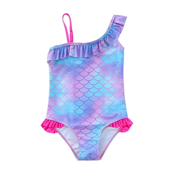 Gelikeya Girls Swimsuit Size 3-4 Ruffle Trim Spaghetti Straps 1 Piece Bathing Suit Summer Holiday Hawaiian Beach Swimwear (Toddlers, Z08-Purple)