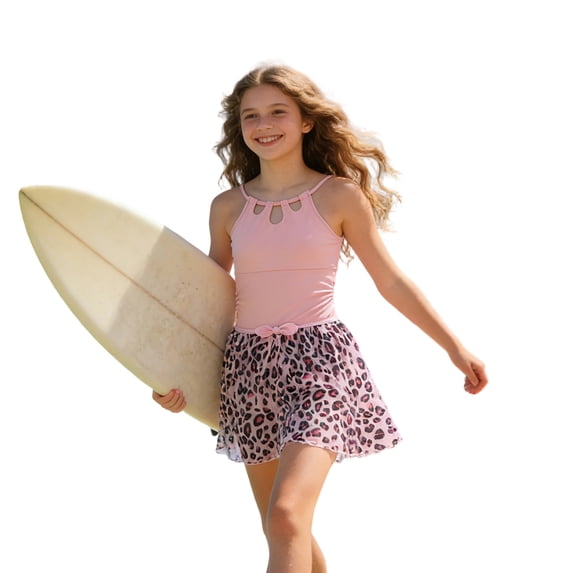 Gelikeya Girls Swimsuit Two Piece Swimwear with Tropical Printed Cover Up Skirt Girls Bathing Suits Set Girl's Swimwear 7-16 Years X05 Pink, 15-16 Years