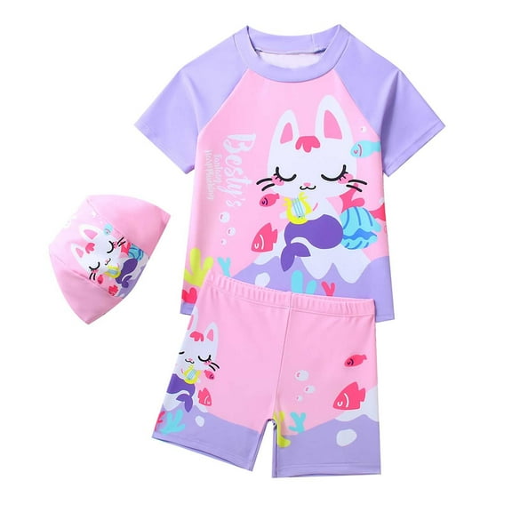 Gelikeya Girls Swimsuits 3T-4T Cute Cartoon Bunny Print Short Sleeve Swimsuit High Elasticity Comfortable Bathing Suit 3 Piece Set (Toddlers, Red)