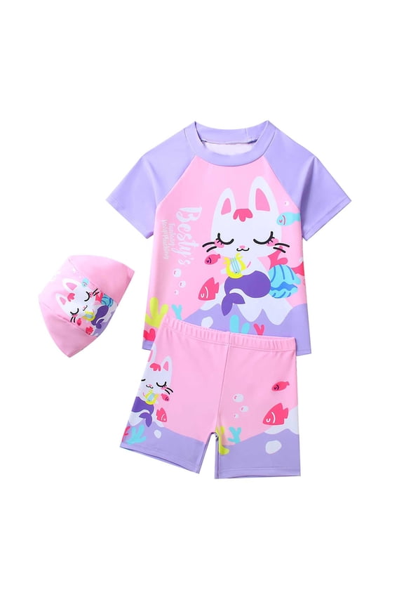 Girls Swimsuits 3T-4T Cute Cartoon Bunny Print Short Sleeve Swimsuit High Elasticity Comfortable Bathing Suit 3 Piece Set (Toddlers, Red)