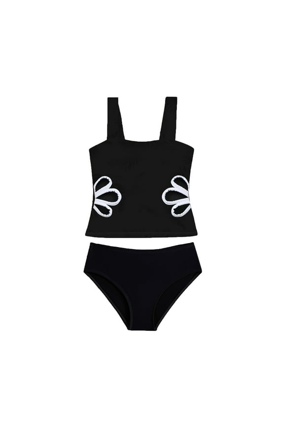 Girls Swimsuits Size 10-11 Adjustable Spaghetti Straps Bathing Suit Shorts 2 Piece Solid Color Swimwear (Tweens, Black)