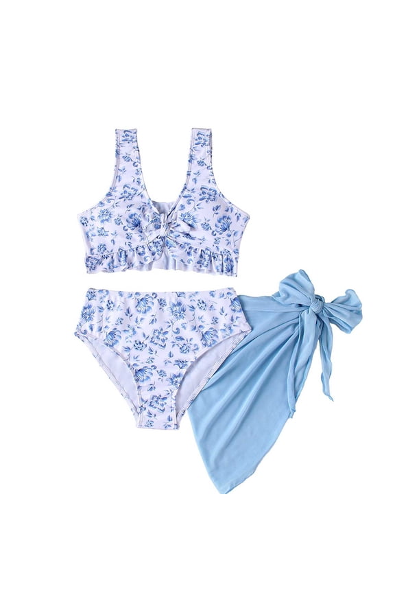 Girls Swimsuits Size 10-11 Girls' 3 Piece Set Floral Print Bikini Swimsuit with Drawstring Beach Skirt Cute Ruched Bathing Suit (Tweens, Blue)