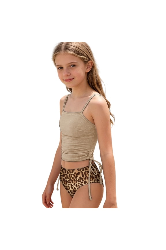 Girls Swimsuits Size 10-12 Two Piece Set Halterneck Bathing Suits Leopard Printed Tankini Sets A01 Khaki