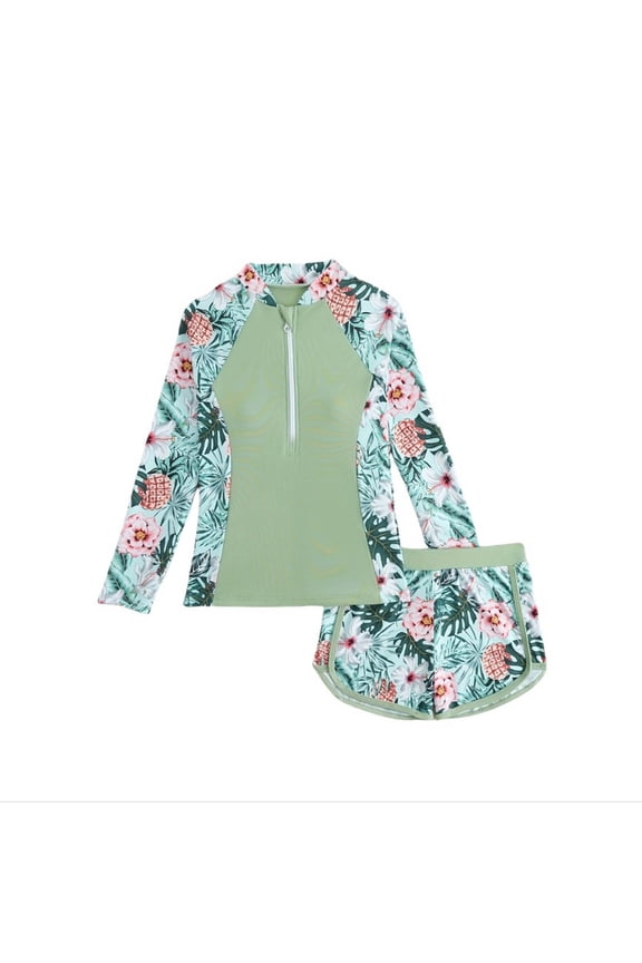 Girls Swimsuits Size 7-8 Fashion Floral Print 2 Piece Swimsuits Long Sleeve Swimwear Bathing Suit Protection for Swimming Poor (Child, R02 Light Green, 7-8 Years)