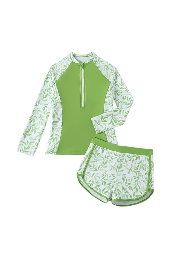 Girls Swimwear Size 10-12 Cute and Stylish Two Piece Swimsuit with Rash Guard Long Sleeve Protection for Swimming Pool(Toddlers, Army Green, 11 -12 )