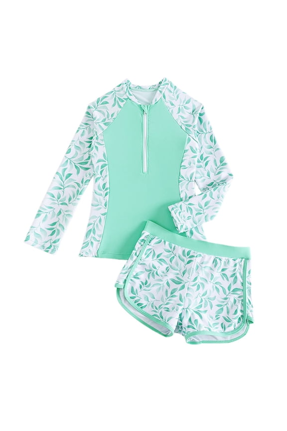 Girls Swimwear Size 10-12 Cute and Stylish Two Piece Swimsuit with Rash Guard Long Sleeve Protection for Swimming Pool(Toddlers, Light Green, 10 -11 )