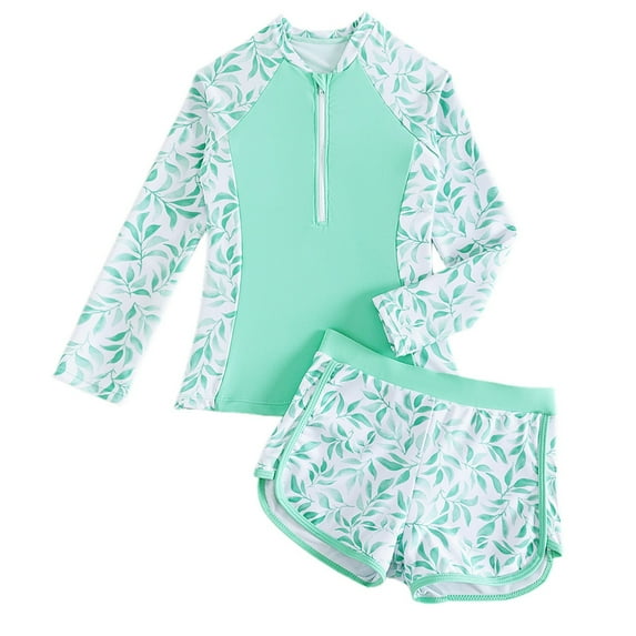 Gelikeya Girls Swimwear Size 10-12 Cute and Stylish Two Piece Swimsuit with Rash Guard Long Sleeve Protection for Swimming Pool(Toddlers, Light Green, 9 -10 )