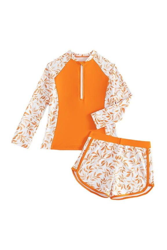 Girls Swimwear Size 10-12 Cute and Stylish Two Piece Swimsuit with Rash Guard Long Sleeve Protection for Swimming Pool(Toddlers, Orange, 10 -11 )