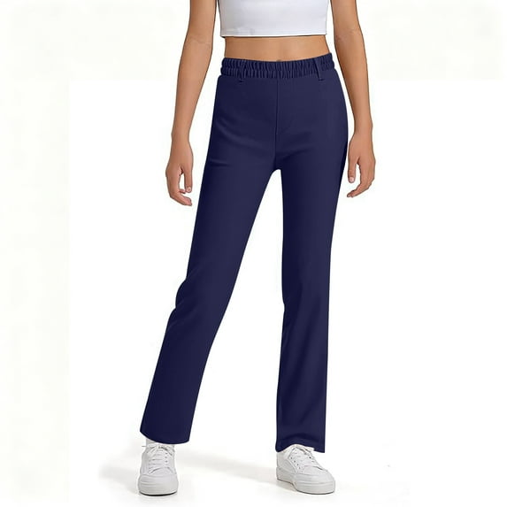 Gelikeya Girls Uniform Pants Elastic High Waisted Loose Long Trousers with Pockets Formal Loose Fit Straight Dress Pants, Navy & 7-8 years